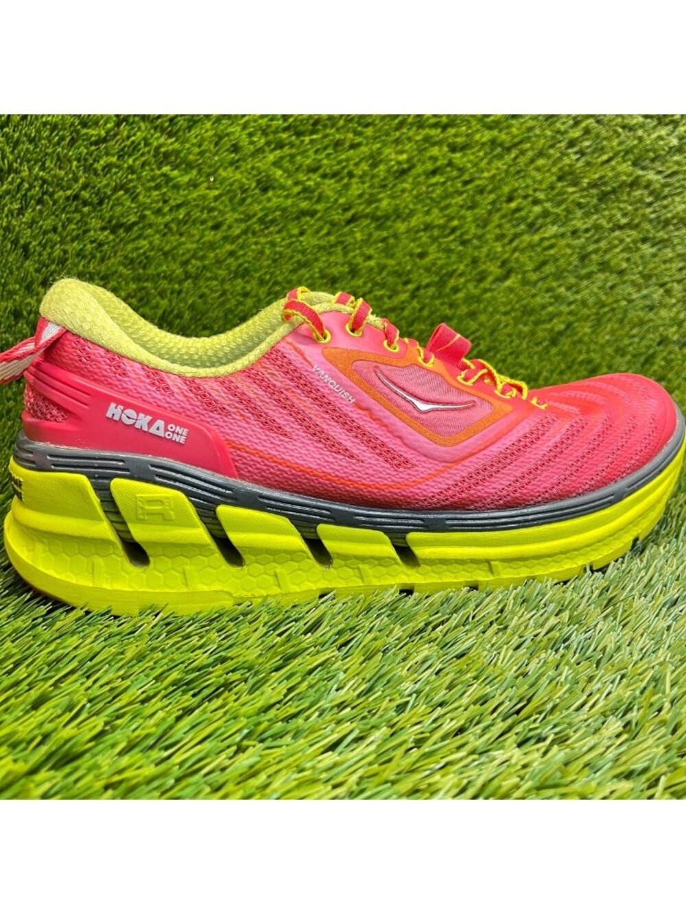 Hoka One One Vanquish Womens Size 9.5 Pink Green Athletic Running Shoes Sneakers
